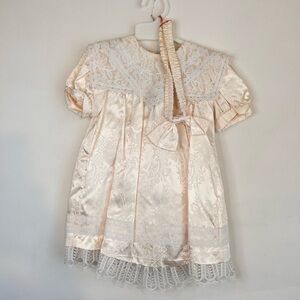 VTG Gunne Sax  Toddler Girl Dress Ivory Pink Lace Satin 3T Bloomers Head Band